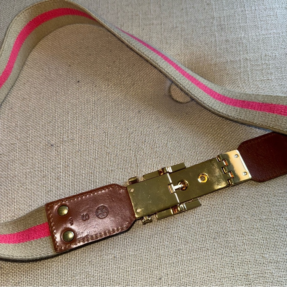 Tory Burch Hinged Gold Buckle Stretch Belt Pink Tan S - Picture 5 of 6